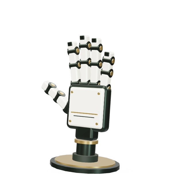Sculptural robotic hand with ivory shells, graphite joints and brass detailing